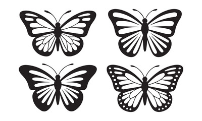 Set of butterfly vector illustrations in black and color versions with symmetrical wing designs isolated on white background
