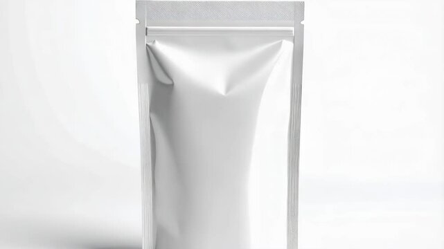 Studio shot of blank white stand-up pouch with zipper, ideal for food or cosmetic packaging mock-up
