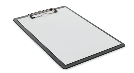 Blank gray clipboard with metal clip, displaying professional readiness for note-taking in a neutral office setting. Business professional ready to receive information.
