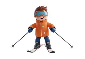Isolated Cartoon Skier in Orange Jacket and Goggles Ready to Hit the Slopes
