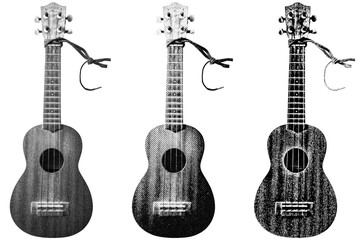 Obraz premium Ukulele halftone style illustration with a transparent background. Retro, graphic print aesthetic. Ideal for poster and collage design element.