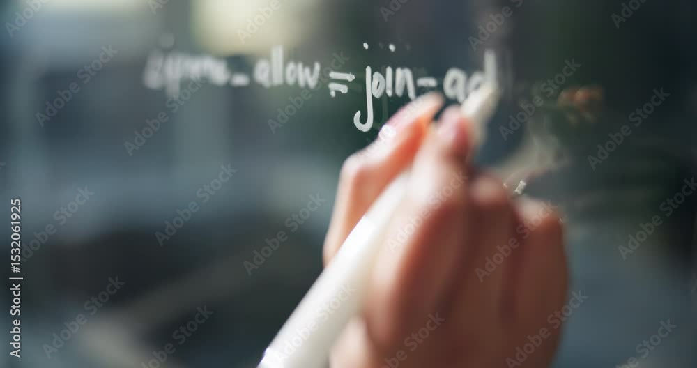 Aufkleber Code, hand and person with glass wall, writing and scripting with review, system integration and software. Research scientist, board and planning with equation, algorithm development and analysis