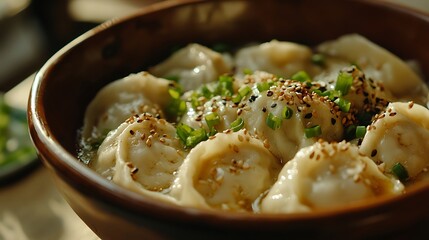 Serving of Dumplings in Bowl with Sesame Seeds and Herbs