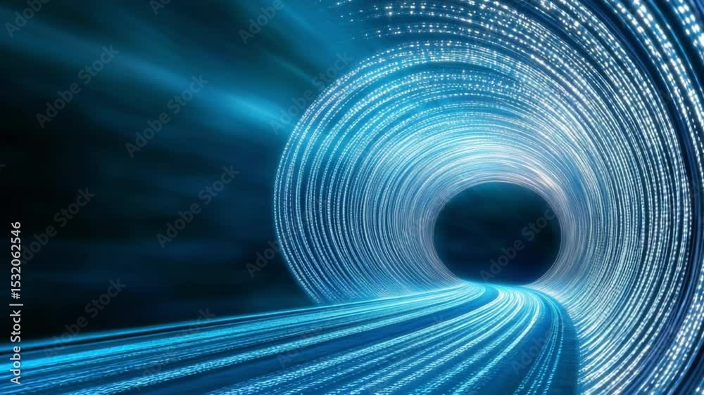Poster Digital Highway:  An abstract depiction of data traveling through a digital tunnel. The image features a futuristic, light-filled perspective