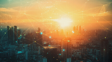 Obraz premium smart city, connection, network, reciprocity, the cityscape, social media, networking, systems, connects, the peak, of success, amid tall, innovative, graphs, statistics, analyze, business, potential,