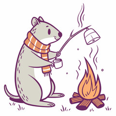 Vector illustration of a Grumpy Quokka with with a scarf, styled in a Camping trip theme using Campfire Glow colors