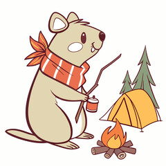 Obraz premium Vector illustration of a Grumpy Quokka with with a scarf, styled in a Camping trip theme using Campfire Glow colors