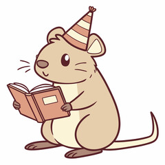Vector illustration of a Grumpy Quokka with wearing a party hat, styled in a Bookworm Day theme using Cozy Reading colors