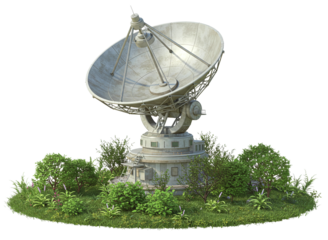 Large radio telescope on grass patch isolated on transparent background