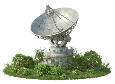 Large radio telescope on grass patch isolated on transparent background