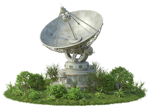 Large radio telescope on grass patch isolated on transparent background