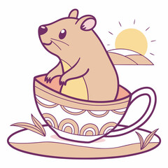 Sundown Glow themed SVG: Relaxed Quokka with sitting in a teacup ride in a Desert sunset environment