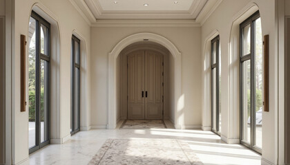 Elegant entryway features arched doorway and tall windows with a soft, inviting ambiance of light.