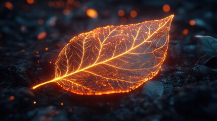 A close-up of a stylized leaf with intricate luminous veins that seem to be illuminated from the inside, against a dark background.