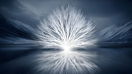 tree growing from a mirror lake reflecting stars from a binary sky