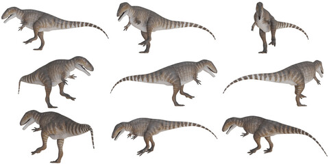 Set of realistic dinosaur renderings in various poses.