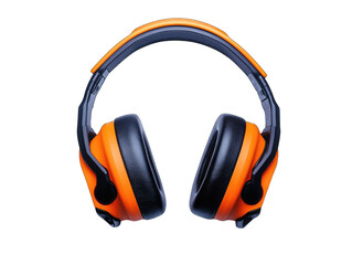 A pair of black and orange over-ear hearing protectors are shown against a black background.  The image is a studio shot with a focus on the earmuffs