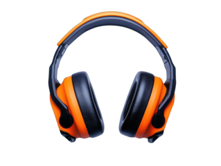 A pair of black and orange over-ear hearing protectors are shown against a black background.  The image is a studio shot with a focus on the earmuffs