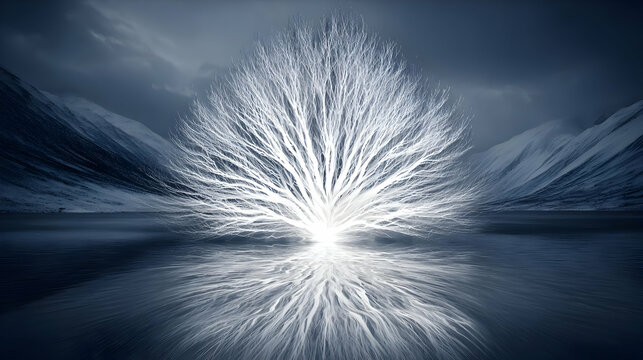tree growing from a mirror lake reflecting stars from a binary sky