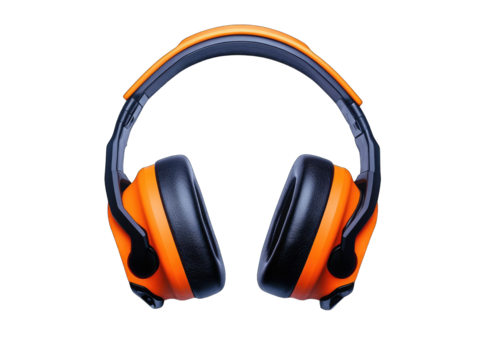 A pair of black and orange over-ear hearing protectors are shown against a black background.  The image is a studio shot with a focus on the earmuffs