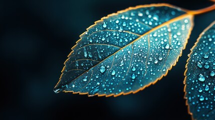 A dramatic close-up of a stylized, rain-soaked leaf, its veins standing out as water droplets cling to its surface, with a dark, moody background enhancing the texture.