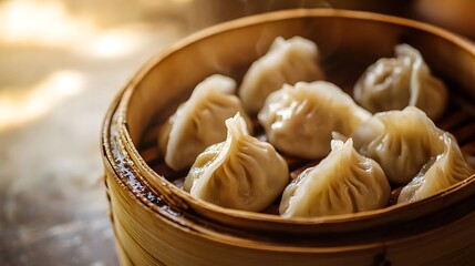 Steaming Dumplings in Bamboo Steamer Ready to Eat