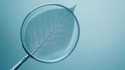 A highly detailed macro of a stylized leaf under a magnifying glass effect, with its complex vein network and subtle texture brought into sharp focus, set against a minimalist backdrop.