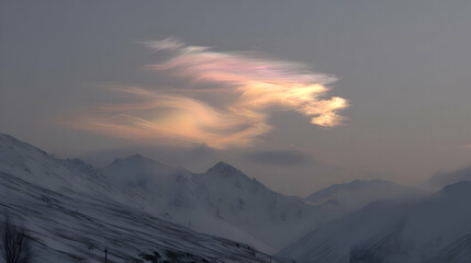 rainbow currents swirling over icy peaks made of fragmented transparent prisms