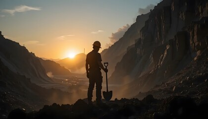 Mining worker silhouette at sunset hard work in mountain landscape stock photo