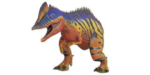 Colorful dinosaur with vibrant stripes and large open jaws.