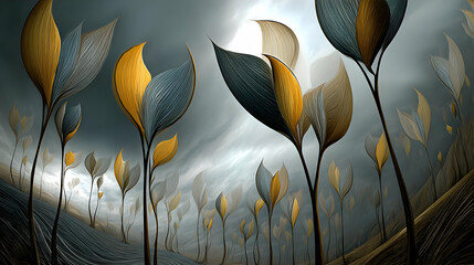 of metallic trees with glowing leaves under a sky of shifting fractal light