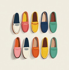 Fototapeta premium Stylish Collection of Colorful Loafers Displayed Against a Neutral Background