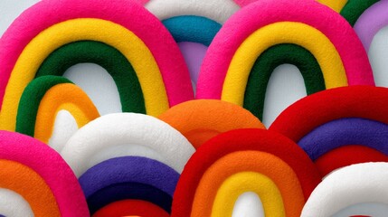 Colorful rainbow made of fuzzy balls. The rainbow is made of many different colors and is very large
