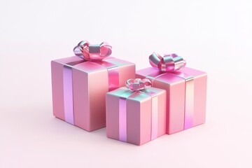 Three pink gift boxes with ribbons on white background