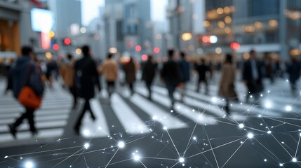Blurred city crowd crossing street with overlay of interconnected data network - urban connectivity
