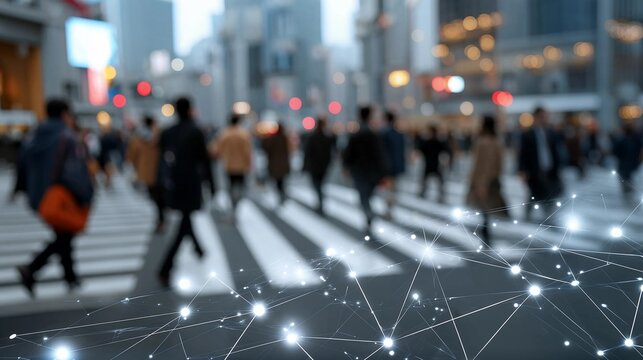 Blurred city crowd crossing street with overlay of interconnected data network - urban connectivity - Powered by Adobe