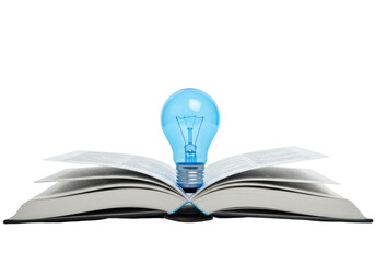 Isolated Blue Light Bulb on Open Book Education