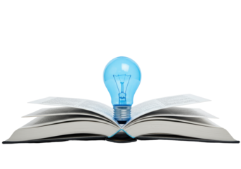 Isolated Blue Light Bulb on Open Book Education