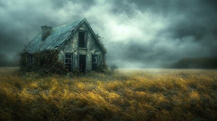 A creepy, abandoned hut with broken windows and an overgrown garden, sitting alone in a desolate field, surrounded by a misty, unsettling atmosphere.