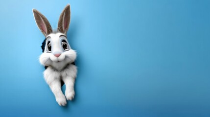 Obraz premium Cartoon rabbit is looking out of a hole in a blue background. The rabbit is smiling and he is happy