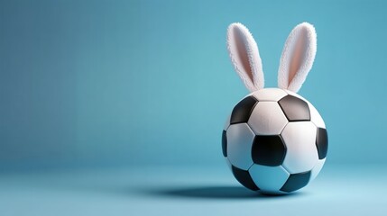 White and black soccer ball with two rabbit ears on top of it. The image has a playful and whimsical mood