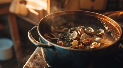 Cooking Clams in a Pot with Steam Rising Authentic Culinary Preparation