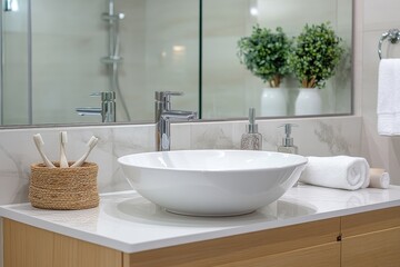Bathroom vanity with white sink, toothbrushes, and accessories