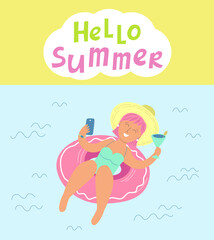 Hello Summer illustration with young woman relaxing on float.
 Great for fun summer banners, social media, and holiday ads.