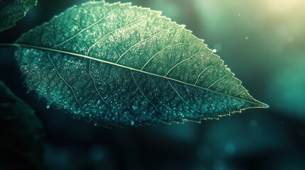 A close-up shot of a beautifully designed leaf, with its vibrant green color highlighted by soft lighting that filters in from behind, creating a translucent and almost glowing effect on the veins.