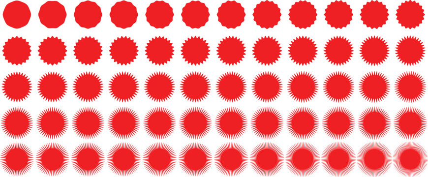 Set of red starburst. Price sticker, sale sticker, price tag, starburst, quality mark, retro stars, sale. Circle sticker set. Wavy edge promo red badges. Star burst shape tags for price. Red sale tag