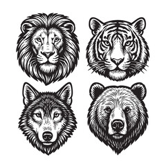 Monochrome vector illustration of lion, tiger, wolf, and bear heads. Bold black ink style, isolated on white, perfect for logos, tattoos, or prints. Wildlife Animals.