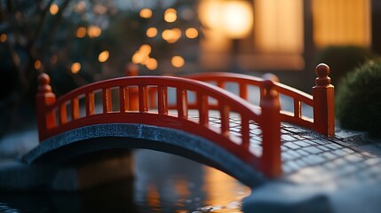 Walking Over an Arch Bridge in a Garden at Dusk