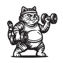 Vector of monochrome cartoon of a chubby cat in workout gear lifting dumbbells confidently. Bold lines, fitness theme, isolated on white background. Pet.