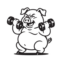 Funny monochrome illustration of a fat pig lifting dumbbells with a determined face. Cartoon fitness concept, bold lines, isolated on white background.